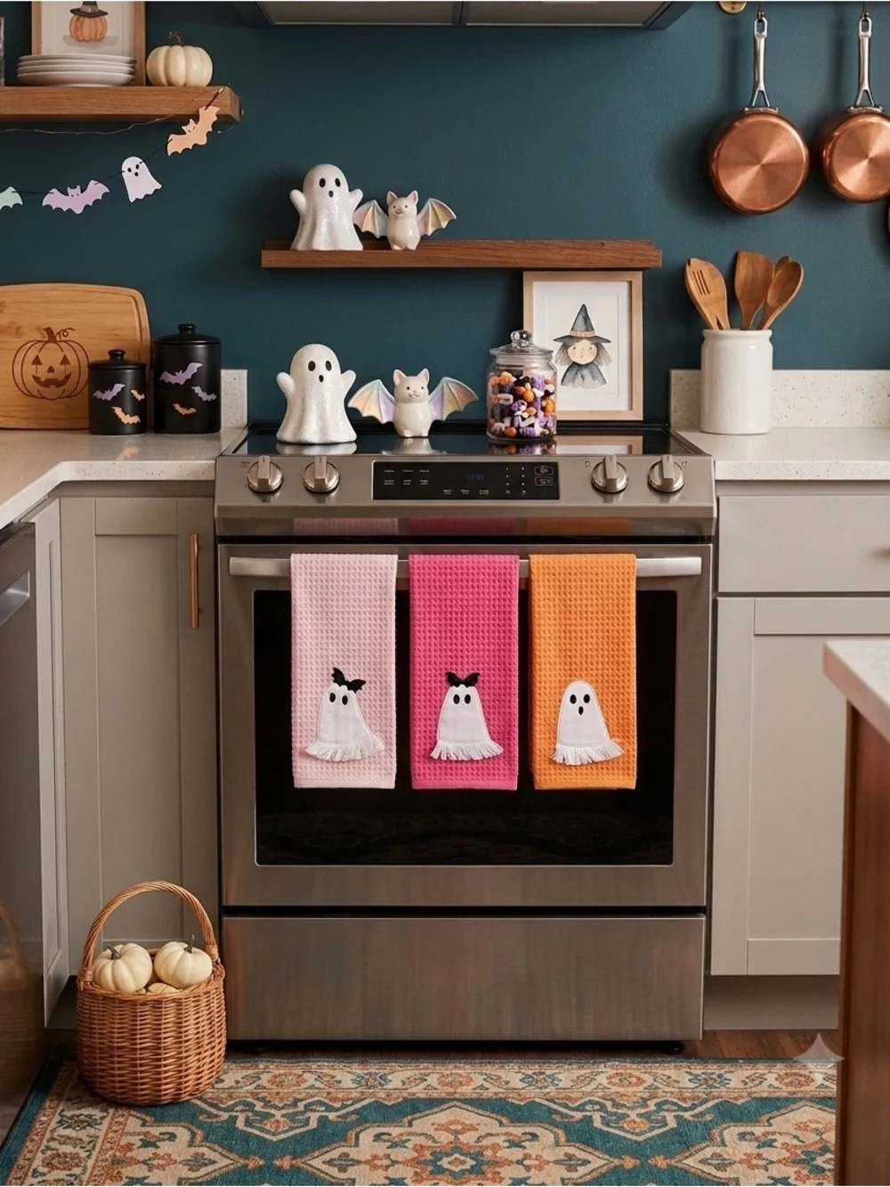 Cupcakes and Cashmere Set of 3 Waffle Kitchen Hand Towels - Cute Halloween Decor